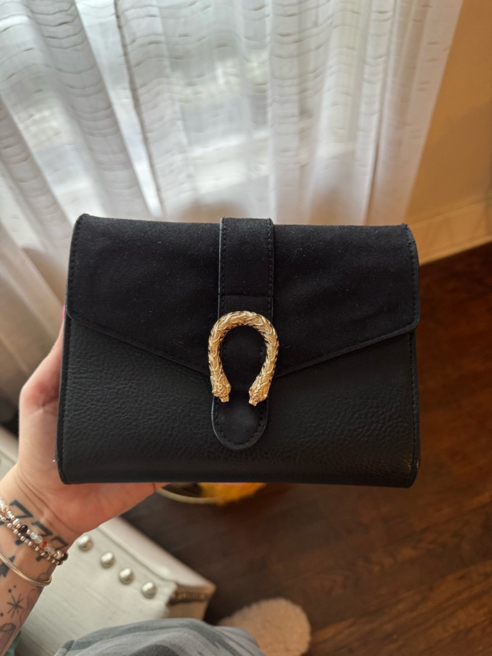 Black Women's Crossbody Bag with Gold Accent